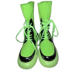 Neon Green Knit Lace-Up Platform Heeled Boots